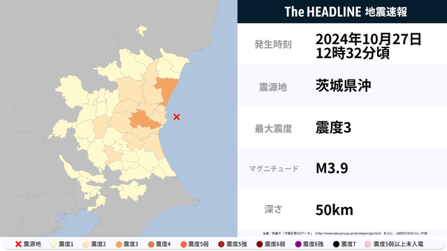 10月27日12時32分頃、茨城県で最大震度3の地震を観測 | The HEADLINE 10月27日12時32分頃、茨城県で最大震度3の地震を観測 | The HEADLINE