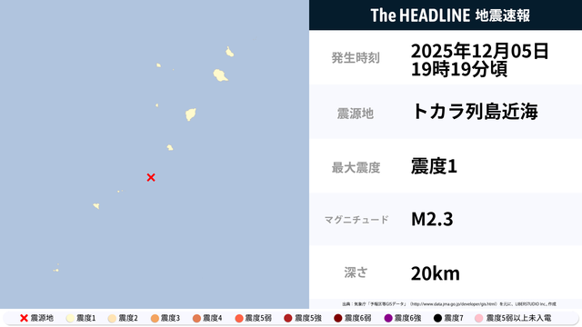 12月5日19時19分頃、鹿児島県で最大震度1の地震を観測 | The HEADLINE 12月5日19時19分頃、鹿児島県で最大震度1の地震を観測 | The HEADLINE